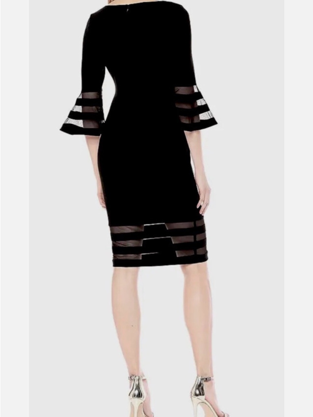 Calvin Klein Black Midi Dress with Sheer Stripe Panels and Bell Sleeves - Picture 2 of 11